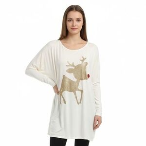 12PM By Mon Ami S Ivory Oversized Rudolf Reindeer Tunic Top Christmas Holiday